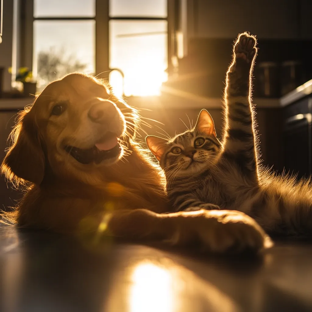 Golden hour light bathes a heartwarming scene of a golden retriever and a tabby cat nestled together.  The cat playfully raises one paw, while the dog rests contentedly beside it, both basking in the warm glow.  Their relaxed postures and soft fur suggest a peaceful companionship, captured in a serene domestic setting. The sun streams through a nearby window, illuminating the animals' faces and adding to the image's idyllic charm.