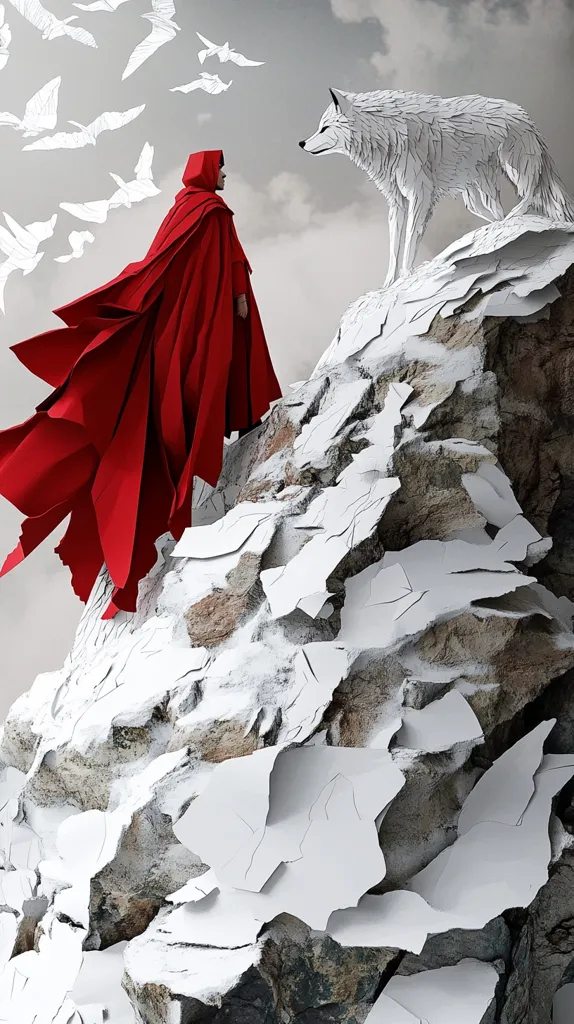 A woman in a flowing red cloak stands on a rocky precipice, facing a large, paper-like white wolf.  Paper bats flutter in the gray sky above. The scene is surreal and artistic, with a stark contrast between the vibrant red of the cloak and the monochrome tones of the wolf and landscape.  The rocky formation appears textured and weathered, creating a dramatic backdrop to the encounter. The overall mood is one of quiet contemplation and symbolic storytelling.