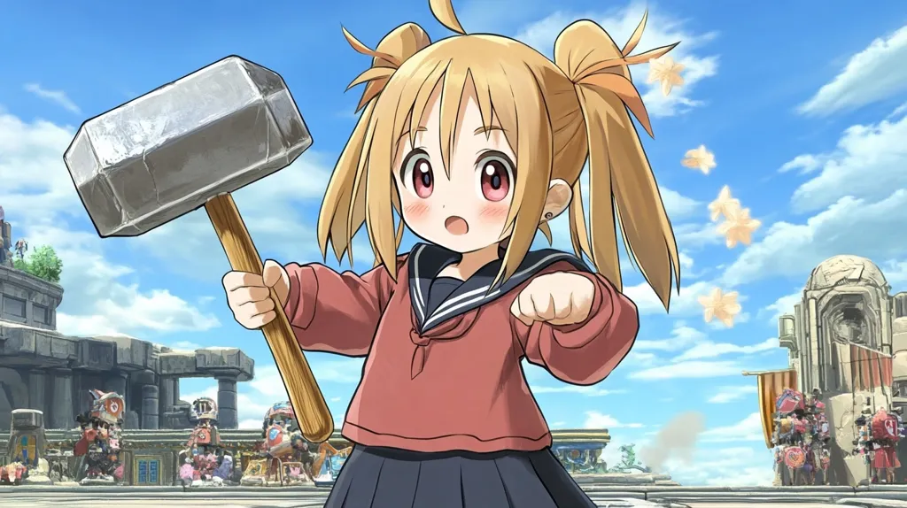 A cute, chibi-style anime girl with blonde pigtails holds a large sledgehammer.  She's dressed in a reddish-brown sweater and dark pleated skirt, reminiscent of a school uniform.  The background depicts a stylized fantasy landscape with stone structures and smaller figures, possibly robots or other characters, creating a vibrant and whimsical scene.  Floating sparkles add to the airy, cheerful atmosphere.
