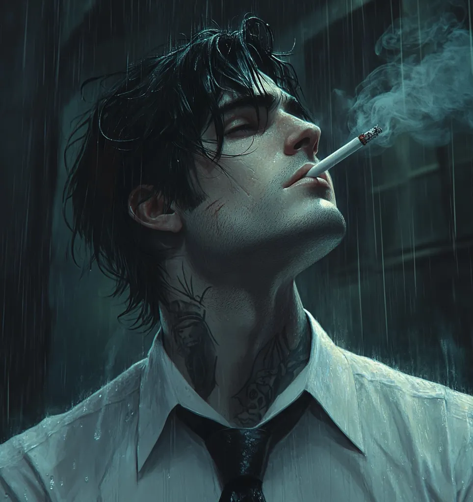 Here's a description of the image:

The artwork depicts a man with dark, wet hair, standing in the rain.  He's dressed in a light-colored, wet dress shirt and dark tie, suggesting a somewhat formal attire. His face is partially obscured by shadow and rain, but shows a pensive expression.  He holds a cigarette, smoke curling around his face.  A noticeable tattoo is visible on his neck.  The overall mood is melancholic and atmospheric, with the rain creating a strong sense of isolation and perhaps mystery. The style is reminiscent of digital painting, with a focus on dramatic lighting and subtle details.