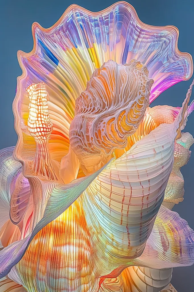 The image showcases an abstract, biomorphic sculpture or artwork.  Its form resembles a stylized seashell or flower, with flowing, iridescent layers in warm pastel hues of orange, yellow, and pink, overlaid with cooler blues and purples.  The texture appears smooth in some areas and intricately ribbed and layered in others, creating a sense of depth and complexity. The lighting highlights the translucent quality of the material, emphasizing the sculptural form’s graceful curves and folds.  The overall effect is both delicate and dramatic, evoking a sense of organic beauty and otherworldly elegance.