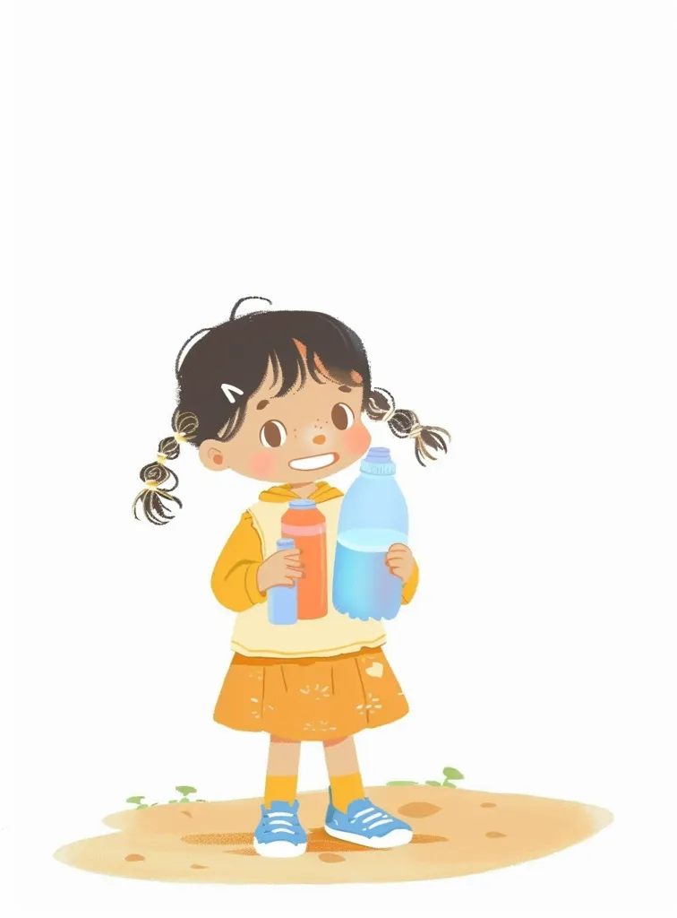A cute cartoon girl with pigtails stands on light brown ground, holding two water bottles.  She wears an orange sweater and skirt, and blue shoes. One bottle is larger and light blue, the other is smaller and orange.  The girl's expression is cheerful, and she appears happy to be carrying her drinks. The style is whimsical and childlike. The background is mostly white.