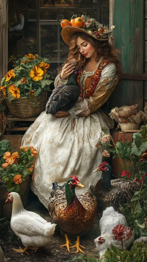A young woman in a rustic, floral dress and a wide-brimmed hat adorned with oranges and flowers sits outside a wooden shed. She gently holds a dark-colored hen.  Several other chickens, including a white one and a colorful one with iridescent feathers, are around her feet.  Lush potted plants with yellow and orange blossoms are scattered near her. The overall scene is idyllic and evokes a sense of gentle rural charm.