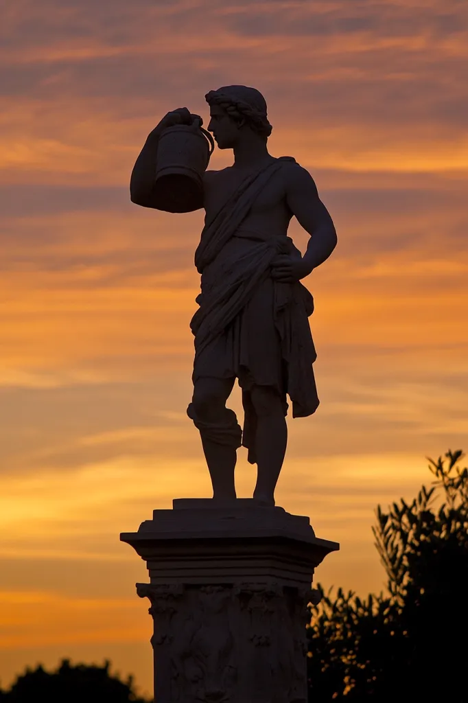 Silhouetted against a vibrant sunset, a statue of a classical figure stands proudly.  The figure, possibly a male, holds a large urn or vessel aloft.  The statue's details are obscured by the backlighting, creating a dramatic contrast against the fiery orange and pink sky. The figure is perched atop an ornate pedestal, partially visible in the silhouette.  Foliage is visible at the base of the monument, adding depth to the scene. The overall effect is one of serene majesty and timeless beauty.