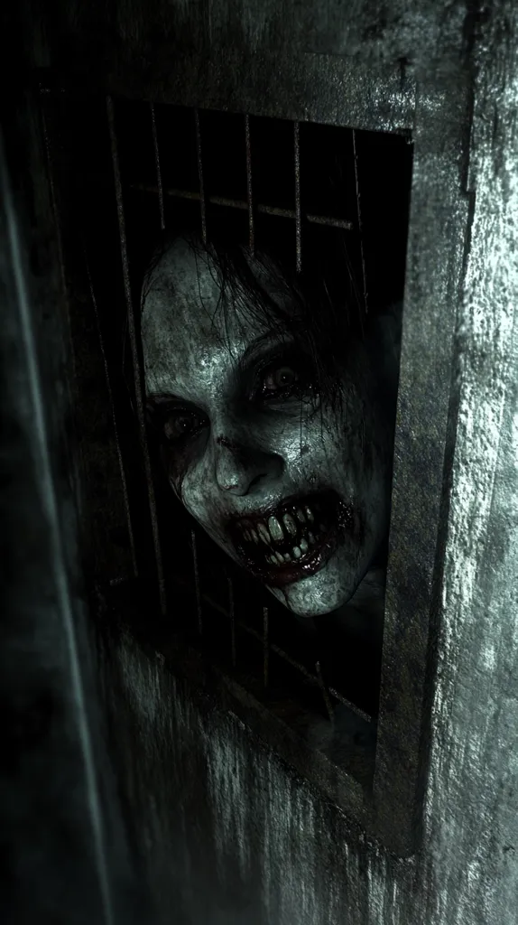 A horrifying visage peers from a grimy, barred window.  The creature's face is pale and decaying, with a grotesque grin revealing sharp teeth.  Its dark, matted hair frames a gaunt face streaked with what appears to be blood or grime. The setting is dark and claustrophobic, suggesting a dungeon or asylum. The overall impression is one of intense fear and dread. The image is highly stylized, likely from a horror film or video game.