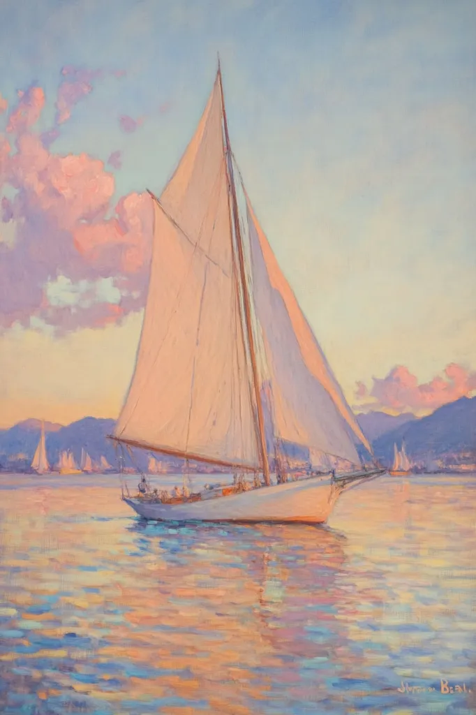 A large sailboat dominates the foreground of a serene seascape painted in soft, pastel hues. The sails are billowing gently, catching the light of a sunset that paints the sky in shades of pink and orange.  Other smaller sailboats are visible in the distance, adding to the peaceful ambiance. The calm water reflects the colorful sky, creating a mirrored effect.  Mountains are visible on the horizon, completing the idyllic scene. The overall impression is one of tranquility and beauty.