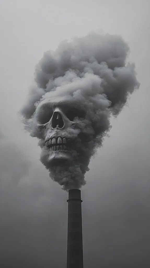 Here's a description of the image:

The monochrome image depicts a smokestack emitting a large plume of smoke shaped like a skull.  The skull's form is clearly visible within the dark, billowing smoke against a muted gray sky. The image is stark and evocative, using the skull as a powerful symbol of the environmental consequences of pollution and industrialization. The tall, slender smokestack stands prominently, extending from the base of the skull-shaped smoke cloud towards the bottom of the frame.  The overall effect is one of grim symbolism and environmental warning.