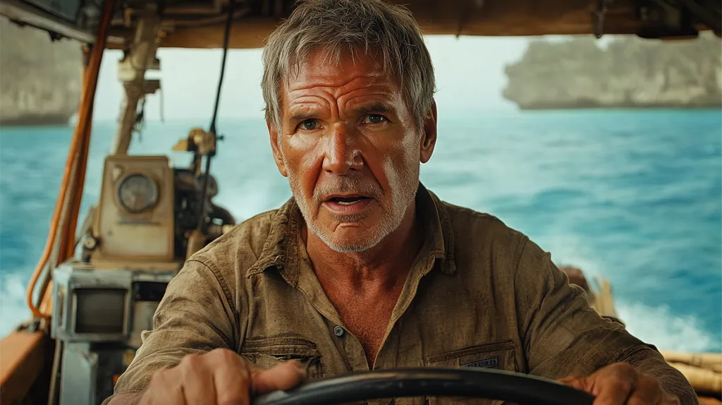 Here's a description of the image:

Close-up of Harrison Ford, appearing weathered and intense, at the helm of a small, rugged boat.  He's wearing a worn, tan shirt, his face etched with lines reflecting age and experience. The boat's interior is visible, showing basic, functional equipment.  The turquoise ocean stretches out behind him, with blurry islands in the distance, creating a backdrop suggestive of an adventure or journey. The overall mood is one of seasoned adventure and determination.