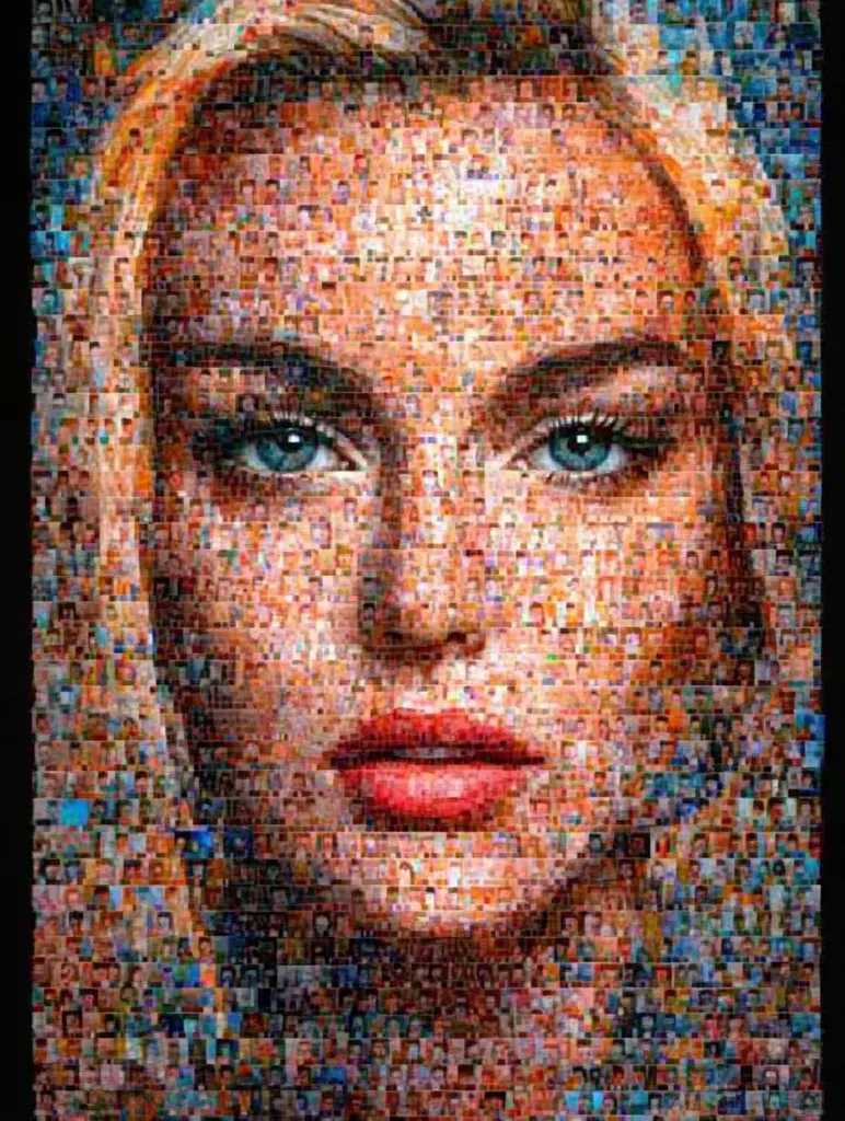 Here's a description of the image:

The image is a striking mosaic portrait of a woman's face.  Her blonde hair and expressive blue eyes are clearly visible. The mosaic is composed of hundreds, perhaps thousands, of smaller images, each a tiny square picture of a different person's face. These individual faces collectively form the larger image of the woman, creating a textured and detailed effect. The overall color palette is warm, with the woman's red lips and skin tones standing out.  The effect is both artistic and somewhat unsettling, hinting at the interconnectedness and anonymity of a large group of people.