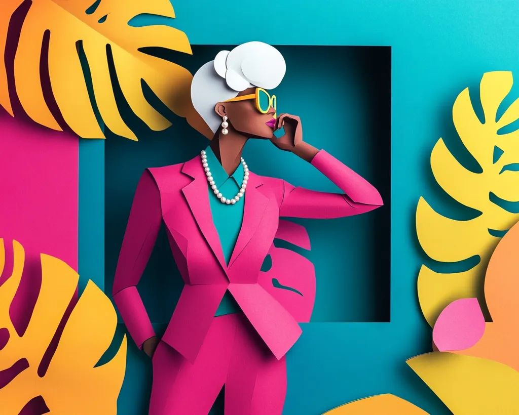 A vibrant, paper-crafted illustration depicts a stylish woman in a hot pink pantsuit.  She possesses short white hair, yellow sunglasses, and pearl earrings and necklace.  Her pose is sophisticated, hand to her cheek.  The backdrop features a teal square frame surrounded by bright yellow and pink paper cutouts resembling tropical leaves, creating a bold, summery aesthetic. The overall style is modern and playful.
