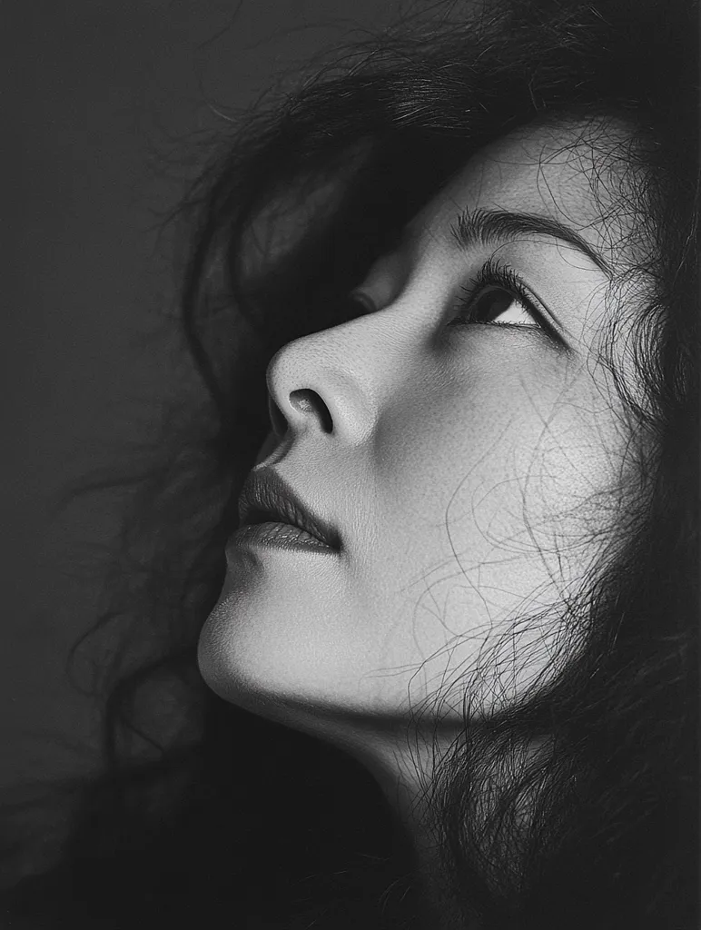 Here's a description of the image:

The black and white photograph showcases a woman's face and neck in a close-up, three-quarter view. Her head is tilted upward, her gaze directed towards an unseen point above.  Her expression is serene, almost pensive.  Her dark, wavy hair frames her face, some strands falling across her cheek and neck.  The lighting is dramatic, emphasizing the contours of her face and creating a chiaroscuro effect. The overall mood is one of quiet contemplation and beauty.