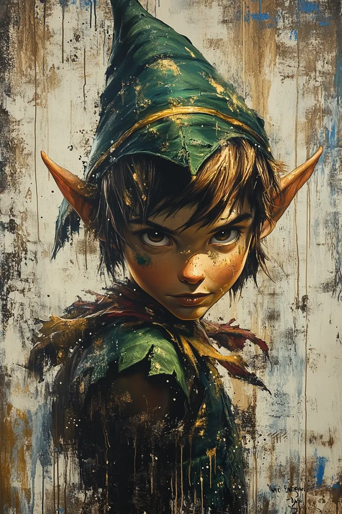 The painting depicts a young elf-like creature, possibly a boy, with pointed ears and a green pointed hat adorned with gold leaf.  His expression is intense and serious, his gaze directly engaging the viewer. He wears a dark green tunic, partially obscured by a reddish-brown scarf. The style is painterly and textured, with visible brushstrokes and a background of creamy off-white and muted blues, giving the impression of an aged, textured canvas.  Gold accents throughout add to a sense of magical realism. The overall mood is one of mystery and quiet strength.