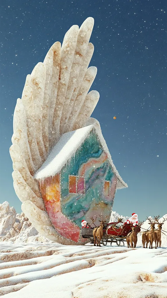 A whimsical Christmas scene unfolds under a starry sky.  A snow-covered house, with a vibrant, marbled exterior, is nestled within a giant, crystalline wing-like structure.  Santa Claus and an elf are seen in a sleigh pulled by reindeer, traveling towards the fantastical dwelling across a snow-dusted, textured landscape.  The overall image is surreal and festive, blending elements of nature and fantasy.