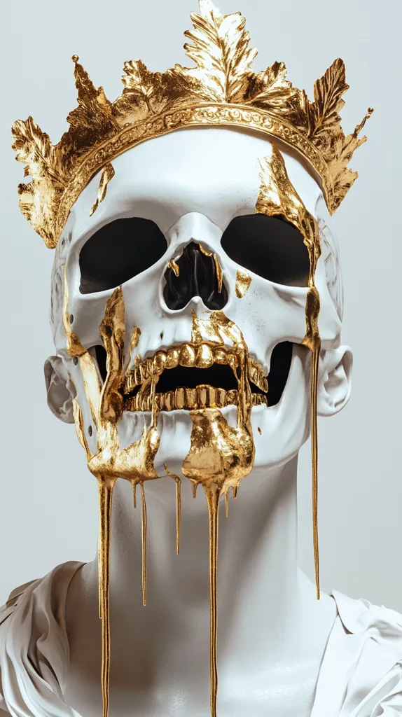 Here's a description of the image:

The image shows a close-up of a white sculpted bust of a skull wearing a golden crown.  The skull's surface is partially covered with dripping, molten gold, creating a striking contrast between the cold, hard material of the sculpture and the warm, luxurious gold. The crown is ornate, with leaf-like details, further emphasizing the juxtaposition of death and opulence. The overall effect is both morbid and visually arresting. The background is a simple, neutral gray, drawing all attention to the central figure.