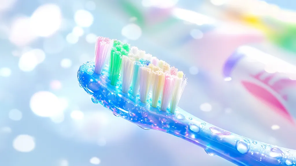 Here's a description of the image:

The close-up shot features a pastel-colored toothbrush, wet and glistening with water droplets, against a soft-focus, light blue background with bokeh effects. The bristles are a rainbow of pale hues, creating a whimsical and vibrant look.  Other blurred toothbrushes are visible in the background, suggesting a bathroom or hygiene setting. The overall impression is one of cleanliness, freshness, and a playful aesthetic.