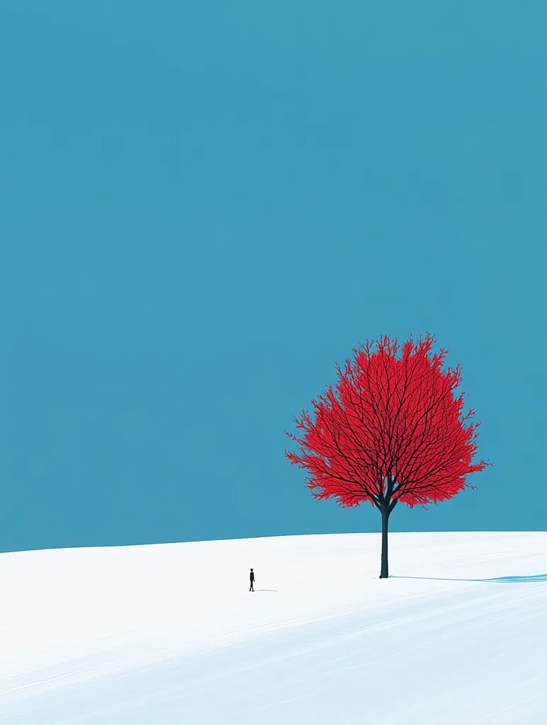 A minimalist illustration depicts a lone figure walking across a snow-covered plain towards a vibrant red tree. The sky is a clear, bright teal. The stark contrast between the white snow, the red tree, the tiny black figure, and the blue sky creates a striking and somewhat surreal image. The scene evokes a sense of isolation, contemplation, or perhaps a journey towards something unseen. The simplicity of the design focuses attention on the symbolic elements.