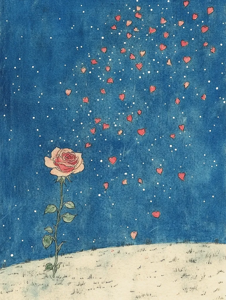 A single, delicate pink rose stands tall in a snowy landscape against a vibrant blue night sky.  Numerous small, pink hearts drift upwards, seemingly emanating from the rose, creating a whimsical, romantic atmosphere. The style is reminiscent of a children's book illustration or a vintage print, with simple lines and a slightly textured background.  The overall feeling is one of gentle hope and quiet beauty.