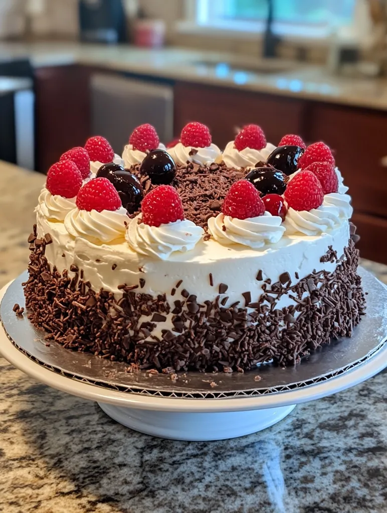 A delicious-looking Black Forest cake sits on a white cake stand.  The cake is layered, with a white frosting generously swirled and adorned with fresh raspberries and dark cherries.  Chocolate shavings generously cover the sides, adding a textural element to the creamy frosting. The cake is displayed on a kitchen counter, with a blurred background suggesting a home kitchen. The overall impression is one of richness and sweetness.
