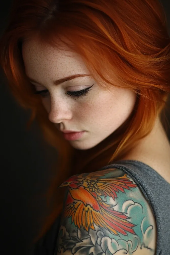 Here's a description of the image:

Close-up portrait of a young woman with vibrant, long, wavy ginger hair. Her skin is fair with noticeable freckles. Her expression is pensive, her gaze directed downward.  She has dark eyeliner and subtle makeup.  A prominent tattoo of a colorful phoenix, surrounded by clouds and floral elements, adorns her left shoulder. She is wearing a simple gray sleeveless top. The background is dark and blurred, focusing attention on the subject. The overall mood is one of quiet contemplation and beauty.