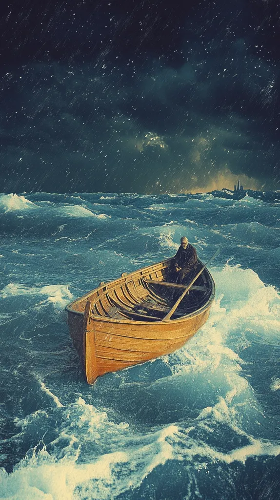 A lone, elderly man sits in a small wooden rowboat, navigating a tempestuous sea under a dark, stormy sky.  Rain lashes down, and choppy waves churn around the boat.  A faint city skyline is visible in the distance, suggesting a journey away from civilization. The overall mood is one of solitude and perhaps perilous adventure. The image has a painterly, slightly surreal quality.