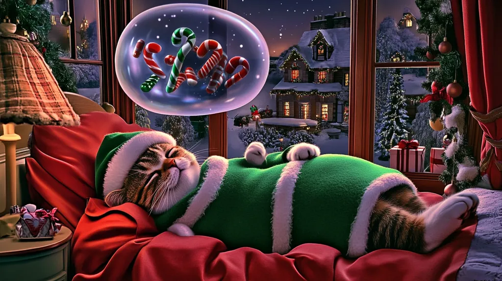 A tabby cat, snuggled in a green Christmas elf costume, sleeps soundly on a red bed.  A bubble above it floats candy canes.  The cat is positioned near a window displaying a picturesque snowy Christmas village scene, complete with twinkling lights and a decorated Christmas tree. The overall mood is cozy and festive.