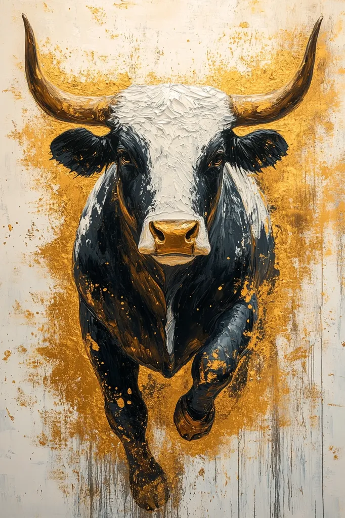 Here's a description of the image:

The painting depicts a powerful black and white bull charging forward, its massive horns extending outward. The bull's coat is rendered with thick, textured brushstrokes, creating a sense of movement and energy.  Gold accents are splashed across the background, contrasting the dark hues of the bull and adding a touch of opulence. The overall style is impasto, with the paint visibly layered and textured, enhancing the dynamism and strength of the animal.  The background's gold creates a feeling of movement and power behind the charging bull.