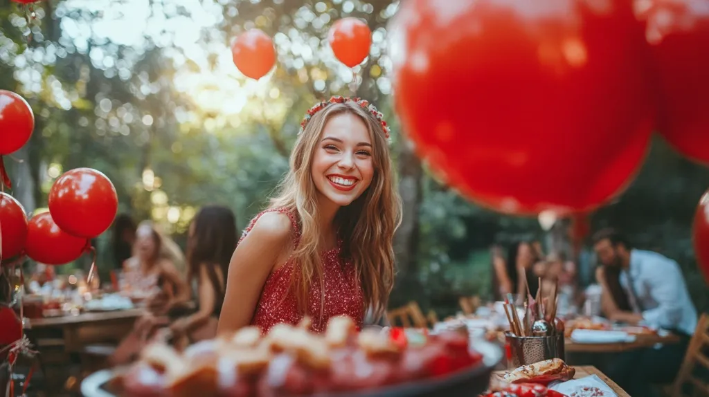 A young woman with long blonde hair, wearing a red sequined dress and a floral crown, smiles brightly at the camera.  She's surrounded by a festive outdoor setting with red balloons floating nearby and blurry figures of other partygoers at tables laden with food. The scene is filled with a joyous, celebratory atmosphere, suggesting a birthday or similar event.  The focus is sharply on the woman, contrasting with the soft-focus background.