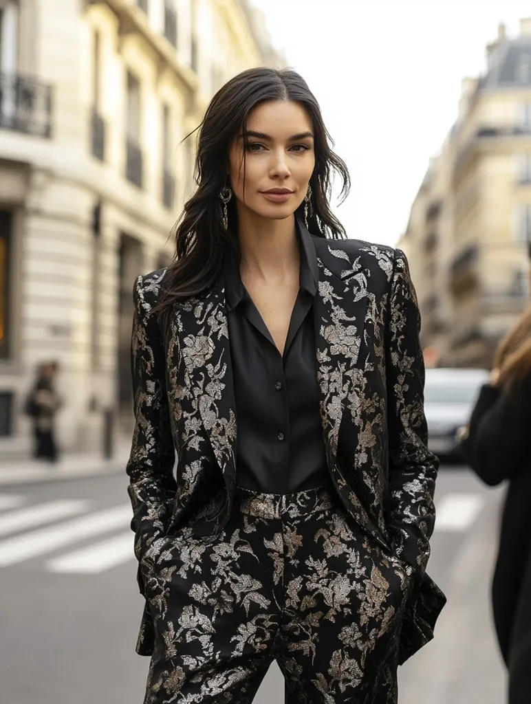 A stylish woman with dark hair and dangling earrings stands on a Parisian street. She's wearing a chic black and silver floral blazer and matching pantsuit, paired with a black collared shirt. The image focuses on her, with the blurred Parisian backdrop subtly enhancing her sophisticated attire and confident pose. The overall impression is one of elegant urban style.