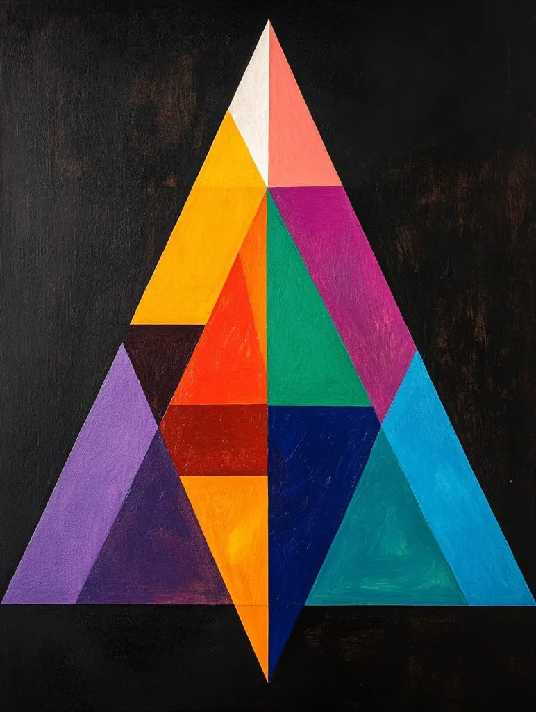 The artwork is an abstract geometric painting featuring a large, central triangle composed of smaller triangles in various colors.  The colors are bold and vibrant, including shades of orange, yellow, purple, teal, and blue, set against a dark background. The triangles are meticulously arranged, creating a visually striking and balanced composition.  The style suggests a geometric or possibly constructivist approach to abstract art.  The texture appears to be slightly coarse, hinting at visible brushstrokes.