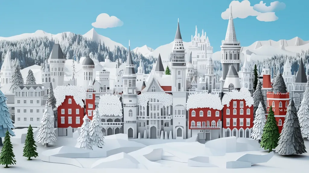 A charming papercraft winter village scene unfolds against a backdrop of snow-covered mountains.  Numerous buildings, predominantly white with a few red accents, are styled in a fairytale-like architectural design, featuring turrets and snow-laden roofs.  Papercut evergreen trees are scattered throughout, adding to the festive, whimsical atmosphere.  The style suggests a handcrafted, delicate quality, with crisp lines and a clean, bright palette. The overall impression is one of serene winter beauty.