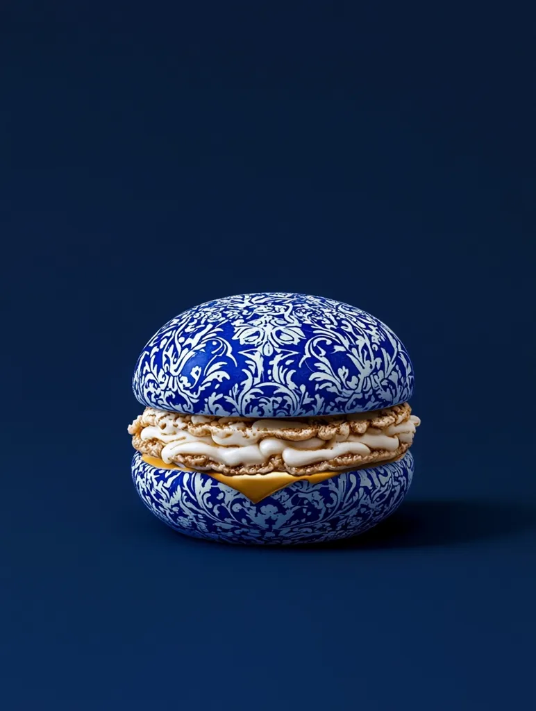 Here's a description of the image:

The image shows a single, large macaron against a deep blue background. The macaron's shells are decorated with an intricate blue and white pattern reminiscent of Delftware or Chinese porcelain.  Between the shells is a creamy white filling, with a suggestion of a golden yellow sauce or melted cheese oozing slightly.  The overall effect is of an elegant, almost artistic, take on a familiar dessert, highlighting the unexpected contrast between the delicate pastry and the bold, ornate design.