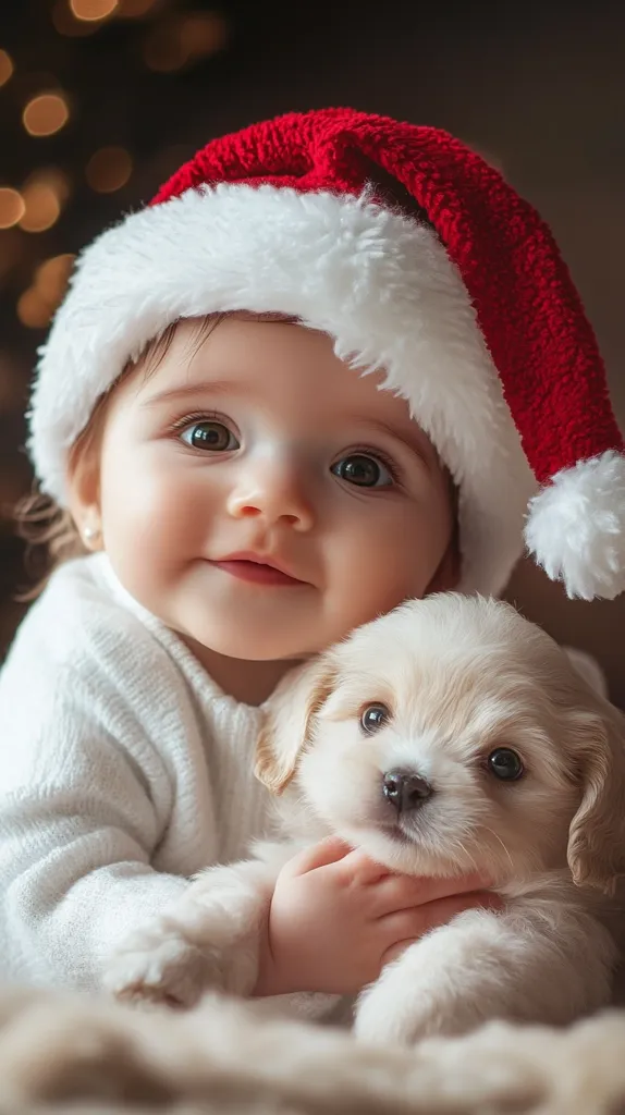 Here's a description of the image:

A heartwarming close-up captures a cherubic baby, adorned in a festive red Santa hat with white fur trim, gently cradling a fluffy, light cream-colored puppy. The baby's gaze is soft and direct, their expression one of sweet innocence. The puppy, equally adorable, snuggles into the baby's embrace. The background subtly suggests a warm, cozy Christmas setting with blurred bokeh lights, adding to the overall feeling of holiday cheer and tenderness. The image is exceptionally charming and evokes feelings of warmth and love.
