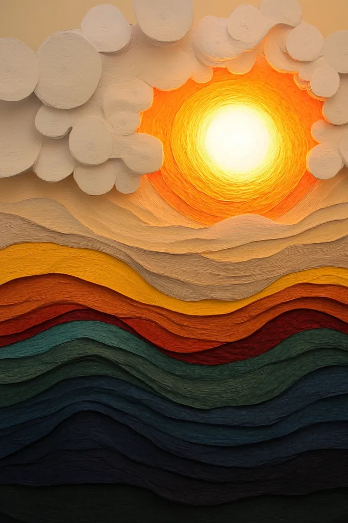 This artwork depicts a stylized sunset over layered hills or waves. The sun is a bright, central orange circle with a luminous white core, partially obscured by fluffy white clouds rendered in layered circles. Below, the landscape is represented by a series of undulating, textured bands of color, transitioning from light beige and golds to deep blues and almost blacks, creating a sense of depth and perspective. The texture appears to be made from layered paper or fabric, giving it a three-dimensional quality.