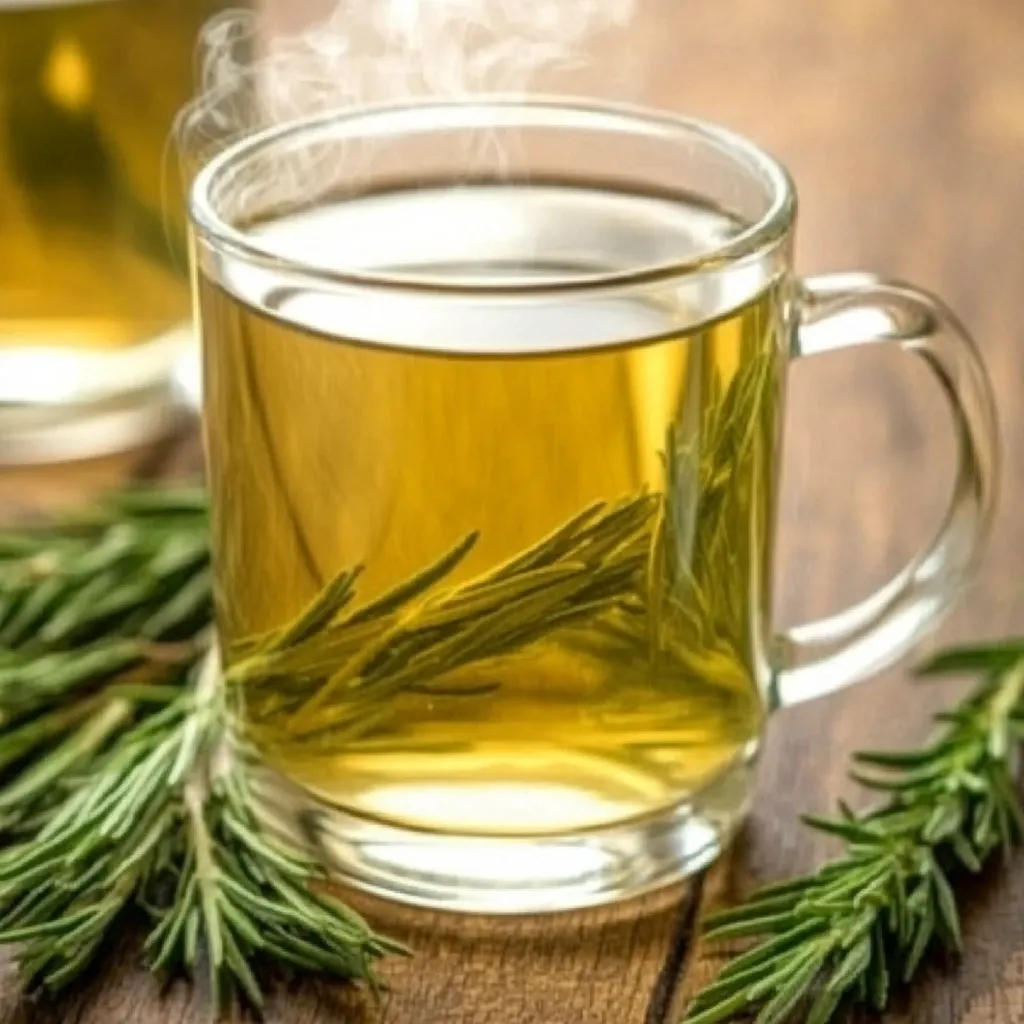 Here's a description of the image:

A steaming mug of light-yellow rosemary tea sits on a wooden surface.  Fresh sprigs of rosemary are visible both inside the mug and arranged artfully on the table beside it.  The clear glass mug showcases the pale golden color of the tea. A blurry second mug of the same tea is visible in the background, emphasizing the focus on the main mug. The overall setting is warm and inviting, suggesting a comforting herbal beverage.