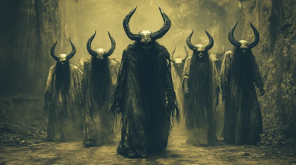 A procession of ominous figures, cloaked in dark, ragged garments, moves through a desolate landscape.  Each figure is adorned with large, curved horns, their faces obscured by shadows and the tattered fabric. The atmosphere is heavy with dust and a sense of foreboding, creating a haunting and surreal image.  The central figure leads the pack, its size and posture suggesting dominance. The overall mood is one of dark fantasy or horror.