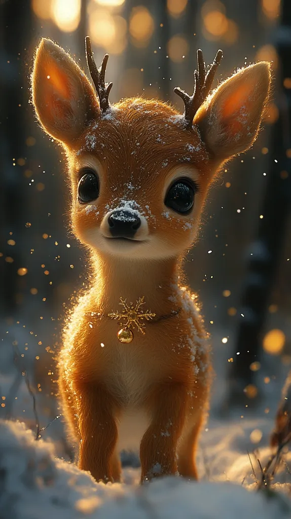Here is a description of the image:

The image shows a digitally rendered fawn, standing in the snow. It is small and has large, expressive eyes.  Its fur is light brown, dusted with snow. Tiny antlers sprout from its head, and it wears a delicate gold necklace with a snowflake pendant and a small bell.  The background is a softly blurred forest scene with warm, golden light filtering through the trees, creating a magical, whimsical ambiance. Snow falls gently around the fawn, enhancing the winter wonderland setting. The overall impression is one of warmth and cuteness.