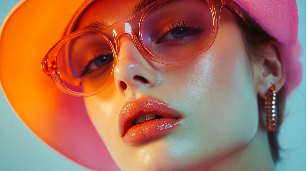 Close-up of a woman's face, partially obscured by a vibrant orange hat and translucent, orange-tinted sunglasses. Her makeup is subtly glossy, enhancing her features.  The lighting is dramatic, casting warm hues on her skin and creating a striking contrast against the background.  She's wearing delicate, gold chain earrings. The overall aesthetic is modern and stylish, evoking a retro vibe.