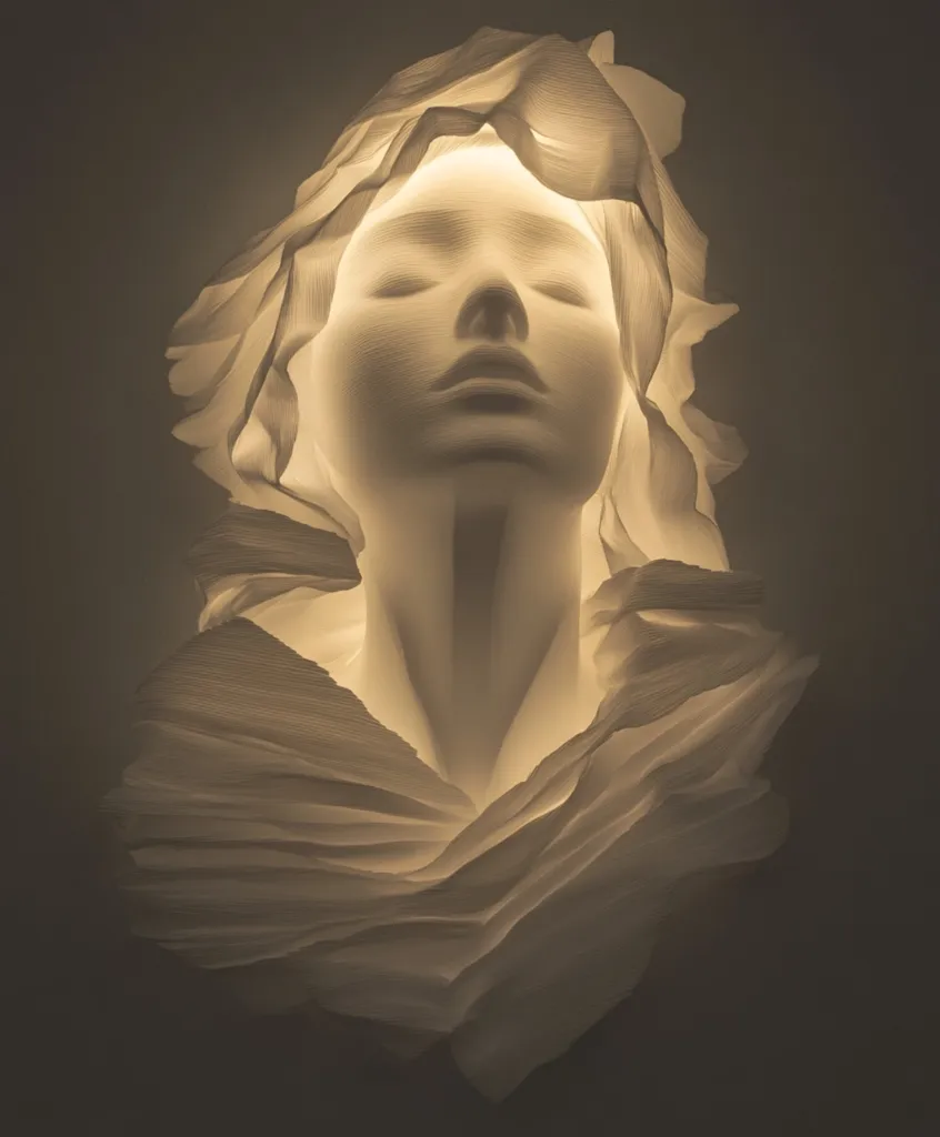 Here's a description of the image:

The image showcases a striking sculpture, seemingly crafted from a translucent, layered material resembling sculpted fabric or paper.  It depicts a serene female face, eyes closed, enveloped by flowing, draped folds that form a hood-like structure.  A soft, warm internal light illuminates the sculpture from within, casting a gentle glow on the face and highlighting the texture of the material. The overall effect is one of ethereal beauty and tranquility, with the darkness of the background contrasting dramatically with the sculpture's luminous presence. The piece suggests themes of serenity, contemplation, and the ephemeral nature of beauty.