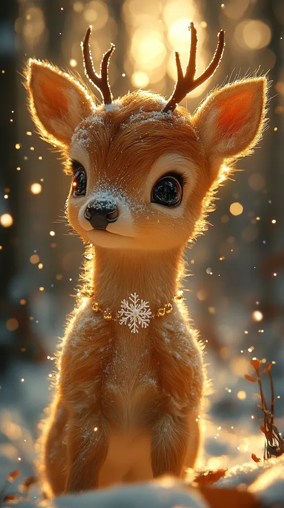 A charming digital rendering depicts a fawn-colored young deer, its fur dusted with snow.  Small, delicate antlers sprout from its head.  Large, expressive eyes and a gentle expression add to its endearing quality.  It wears a golden necklace adorned with a snowflake charm.  The background is a softly blurred winter scene, bathed in warm, golden light, with bokeh effects suggesting falling snow and a sunlit forest.  The overall image evokes feelings of warmth and winter magic.