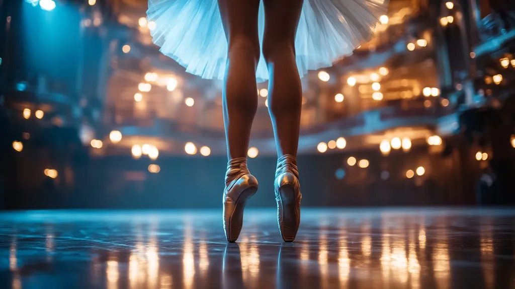 Here's a description of the image:

The photograph focuses on the legs and feet of a ballerina, poised en pointe on a polished stage.  She's wearing a pale, diaphanous tutu, visible only from the waist down.  The background is a softly blurred, atmospheric view of a theater stage, glowing with warm amber lights, contrasting with cool blue tones in the foreground. The reflective floor mirrors the lights, creating a shimmering effect that emphasizes the ballerina’s elegant pose and the stillness of the moment. The overall mood is one of grace and quiet intensity.