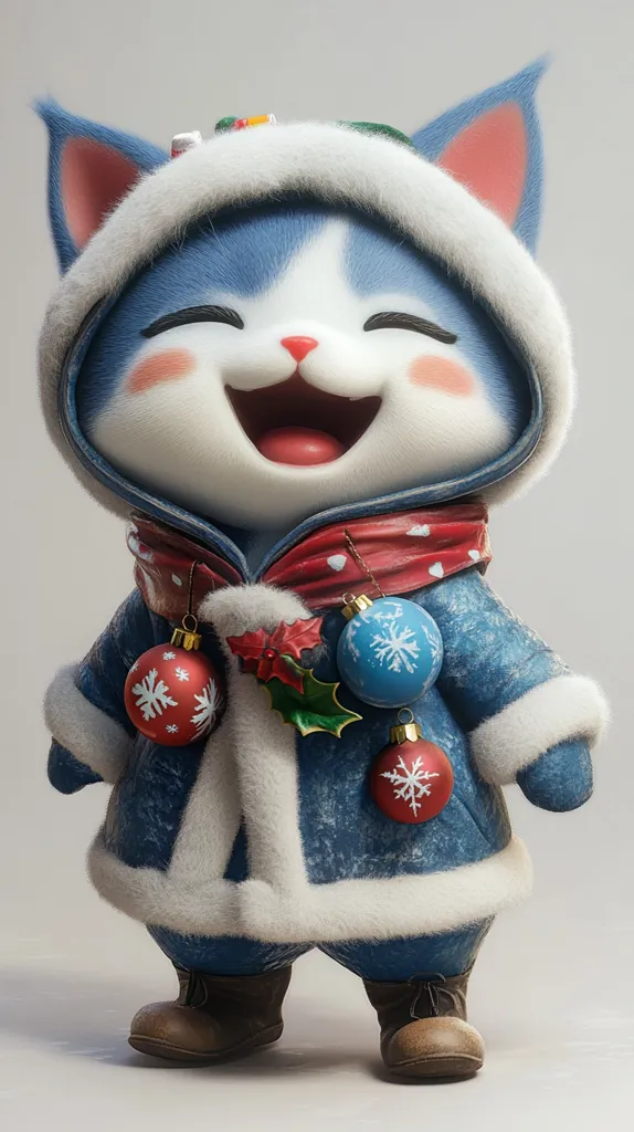 Here's a description of the image:

The image showcases a charming, stylized 3D rendering of a cat dressed in a festive winter outfit.  The cat, with a cheerful, wide-open grin, wears a blue denim jacket lined with fluffy white fur, a red scarf adorned with white hearts, and a matching hooded parka.  Three red and blue Christmas ornaments hang from the jacket, adding to the holiday cheer. The cat's expression is joyful and friendly, enhancing its adorable appeal. The overall style is cute and cartoonish, making it visually appealing and suitable for various purposes like greeting cards or online content.