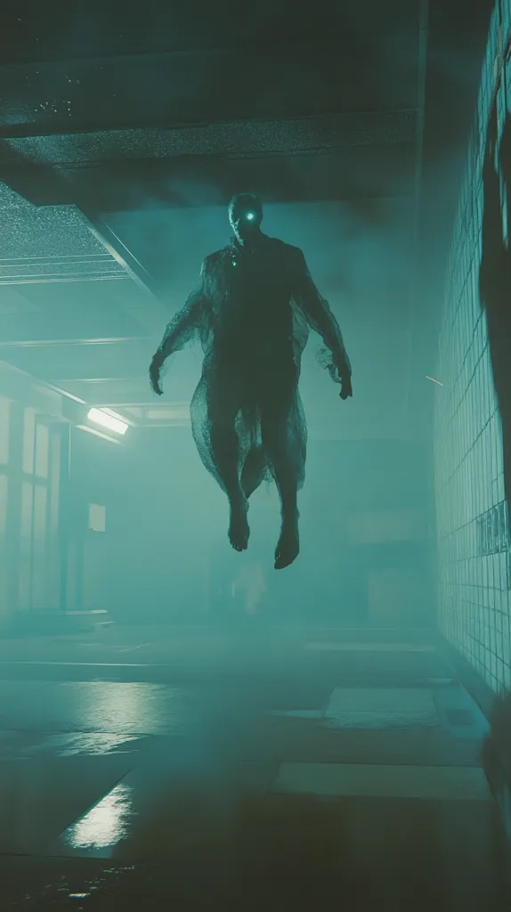 A spectral figure, cloaked in a translucent garment, levitates in a dimly lit hallway.  The figure's face is partially obscured, with glowing eyes visible.  The teal-toned environment is hazy and suggestive of an abandoned or forgotten place, possibly a hospital corridor, with tiled walls and a reflective floor.  The overall atmosphere is eerie and mysterious.