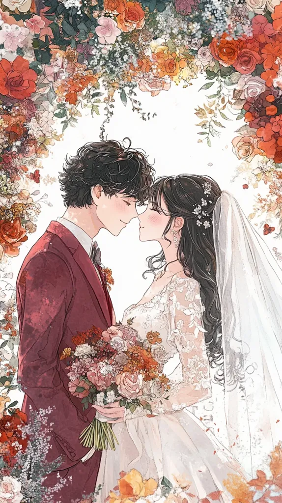 A watercolor-style illustration depicts a romantic wedding scene. A man in a maroon suit and a woman in a flowing white lace wedding dress stand face to face, gently touching foreheads.  They hold a bouquet of autumnal-toned flowers.  A floral archway of similar blooms frames the couple, creating a soft, dreamy atmosphere.  The artwork's style is delicate and romantic, emphasizing the intimacy of the moment.