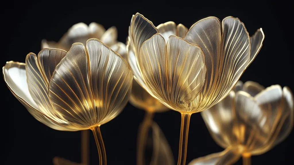 Close-up view of several stylized golden flowers against a black background.  The flowers appear delicate and translucent, with petals showing intricate, fine lines suggesting a metallic or glass-like material.  The gold has a warm, luminous quality, and the overall impression is one of elegance and luxury.  The stems are slender and dark, contrasting with the bright golden blossoms. The image has a high level of detail and sharp focus.