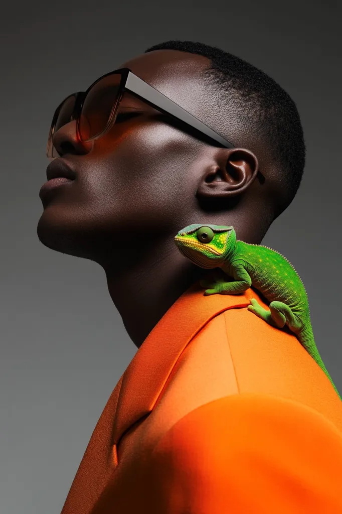 Close-up profile view of a dark-skinned man with short hair, wearing oversized brown-tinted sunglasses and a vibrant orange blazer.  A small green chameleon is perched on his shoulder. The man's eyes are closed, suggesting a serene or contemplative mood. The background is a simple, neutral gray, emphasizing the striking contrast of the bright orange and the green reptile. The overall aesthetic is fashionable and slightly surreal.