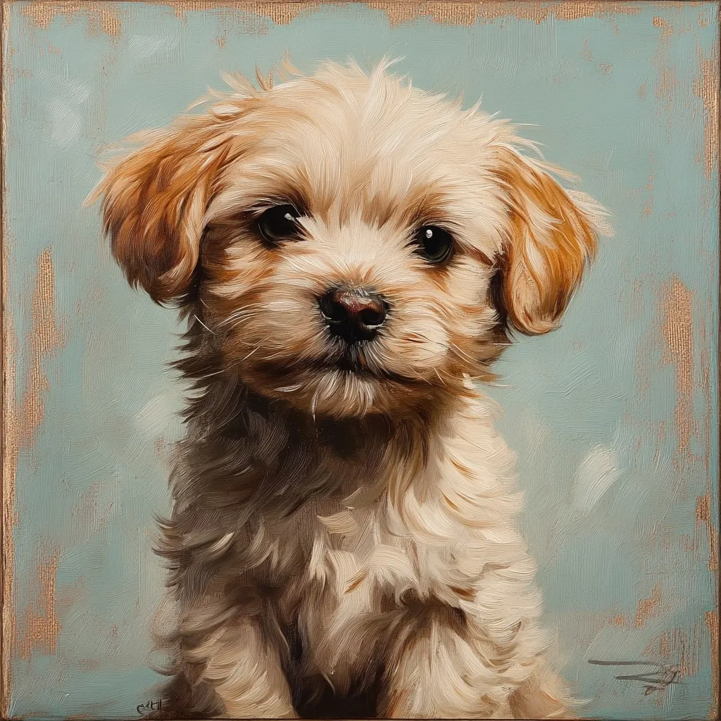 Here's a description of the image:

The painting depicts a charming, fluffy puppy, likely a mixed breed with a light, creamy coat and darker, reddish-brown accents around its ears and face.  Its expressive eyes are dark and engaging, and it sits directly facing the viewer in a slightly posed manner.  The background is a muted teal, reminiscent of an aged canvas, enhancing the painting's classical style.  The artist’s technique showcases visible brushstrokes, adding to the texture and depth of the fur. The overall impression is one of warmth and affection, capturing the puppy's youthful innocence.
