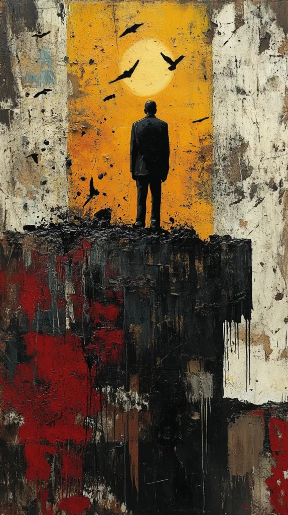 The painting depicts a lone, silhouetted figure in a suit standing on a dark, textured platform against a vibrant, sunset-like backdrop.  The background is a blend of bold yellows and oranges, punctuated by dark, stylized birds in flight.  A large, pale sun-like circle hangs in the sky. The platform beneath the figure is dramatically contrasted by a dark, heavily textured lower section featuring red and black paint strokes, suggesting a sense of depth and unease.  The overall style is abstract expressionism, conveying a feeling of isolation and contemplation.