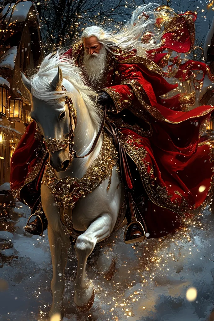 A majestic Santa Claus, with long white hair and beard, rides a magnificent white horse adorned with ornate gold embellishments.  He's cloaked in a flowing crimson robe, edged with gold, which billows behind him as he gallops through a snow-covered village.  Sparkling golden dust trails in his wake, creating a magical, festive atmosphere. The scene is richly detailed, with warm light emanating from the nearby buildings.
