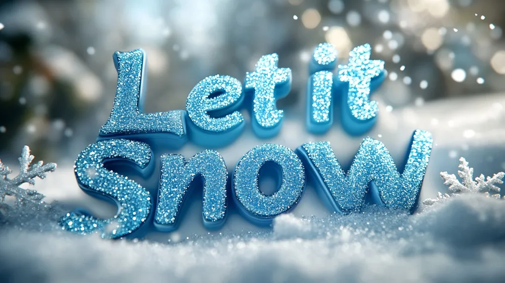 Here's a description of the image:

The image shows the phrase "Let it Snow" crafted from light blue, glitter-covered letters.  The letters are nestled in a bed of pristine white snow, with small, silver snowflakes subtly visible on either side.  The background is softly blurred, suggesting a snowy, winter wonderland setting with shimmering lights, creating a festive and magical atmosphere. The overall effect is one of whimsical winter cheer.