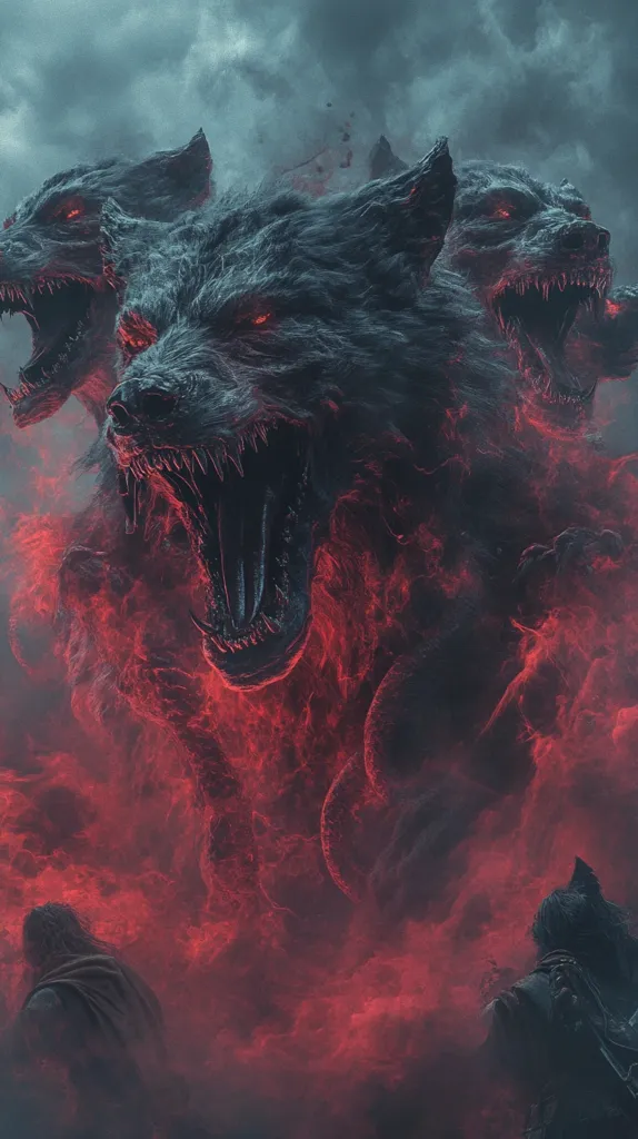 A digital artwork depicts a terrifying three-headed wolf-like creature, engulfed in fiery, red smoke.  Its dark, menacing form is detailed with sharp teeth and glowing red eyes.  Two figures, seemingly human, stand silhouetted in the background, dwarfed by the monstrous beast. The overall mood is dark, ominous, and evokes a sense of impending danger or supernatural power. The style is fantasy art, with a focus on texture and dramatic lighting.